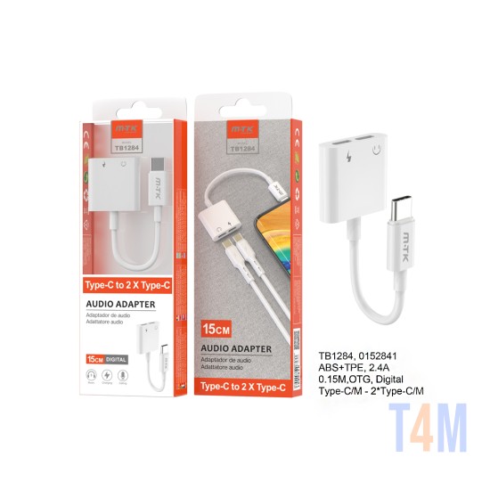 MTK ADAPTER CABLE TB1284 BL 2 IN 1 TYPE-C TO TYPE-C + AUDIO TYPE-C CHARGING 0.15M WHITE 